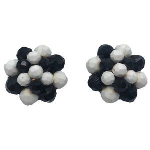 Vintage Beaded Cluster Statement Earrings Black and White